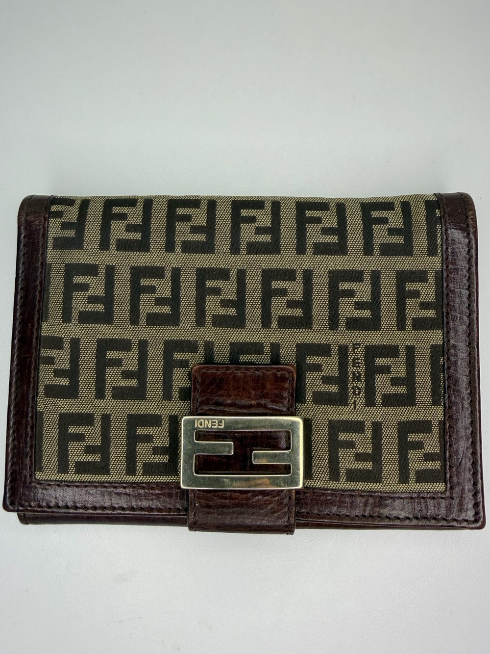 Fendi Brown/Beige Zucca Canvas Bifold Wallet with Gold Buckle